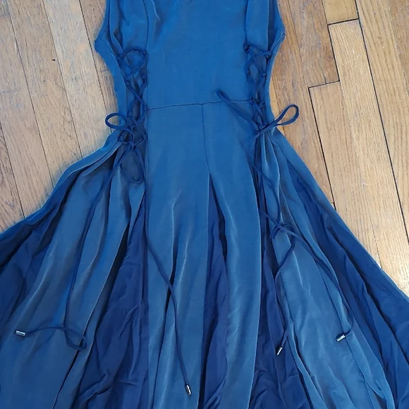 Free People Maxi Dress Medium Stella Cupro Lace-up Pleated Navy Blue Boho - Picture 7 of 14